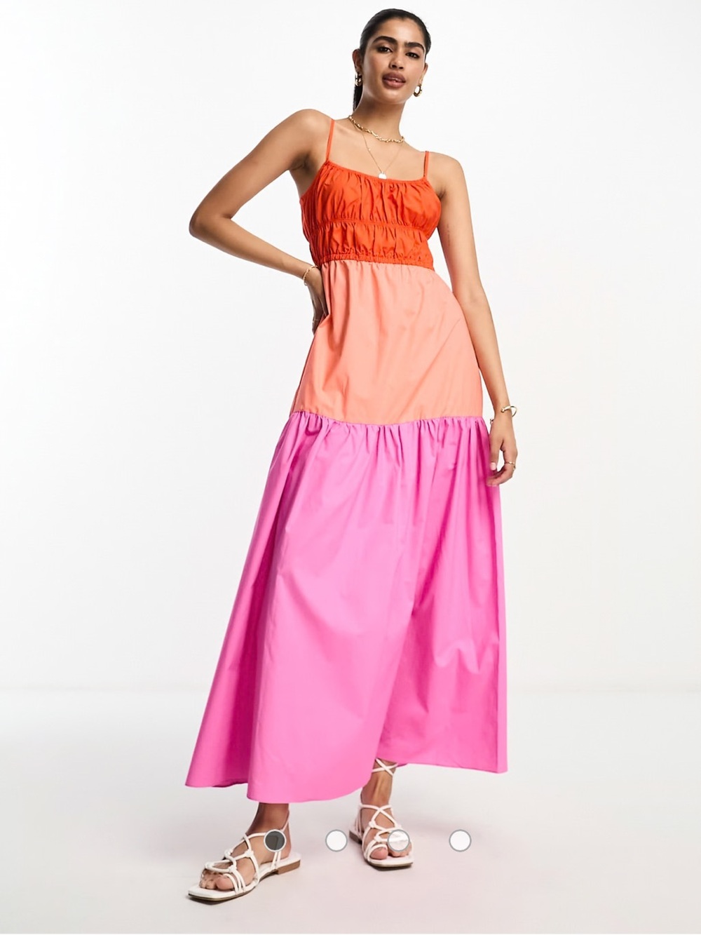 NWT Preppy Minimalist Vacation Mango Colorblock Maxi Dress in Coral,Peach & Pink